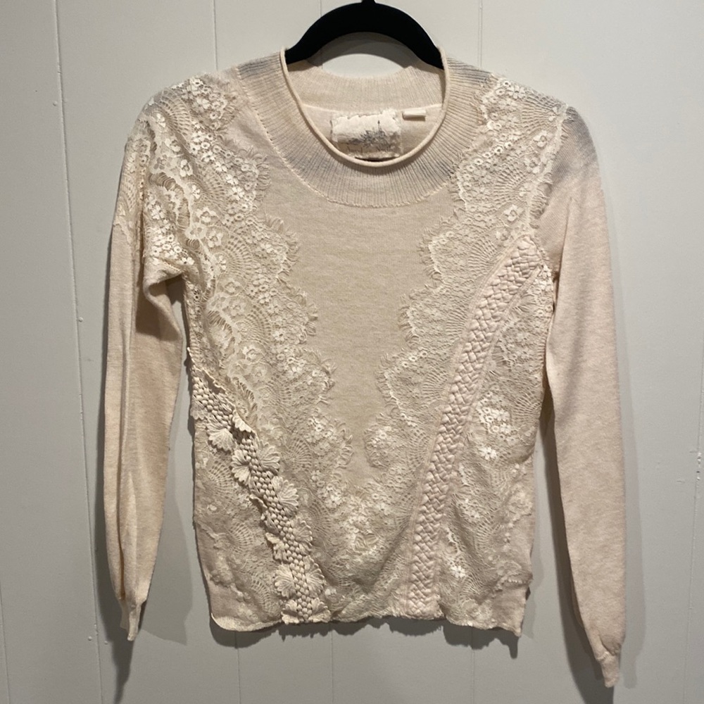 Anthropologie Angel of the North light weight cream sweater with lace overlay.